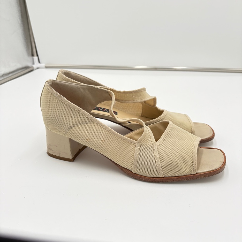 Vintage Prevata Mesh Ivory Off White Open Toe Shoes Heels Made in Italy Womens 9
